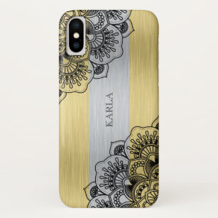 Funda Para iPhone XS Mandala negra en rayas de plata y oro