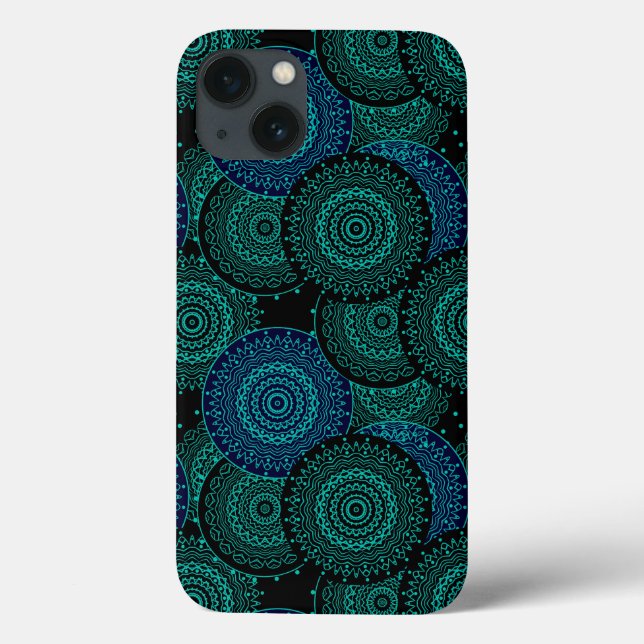 Funda De Case-Mate Para iPhone Mandala redonda azul turquesa sobre fondo negro (Reverso)