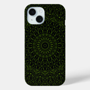 Funda Para iPhone 15 Mándala Verde de Aguacate con Simetría Geométrica