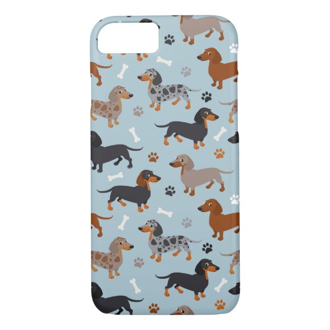 Funda De Case-Mate Para iPhone Manitas y huesos azul patrón Dachshund (Reverso)