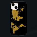Funda Para iPhone 14 De Case-Mate mapa de colores dorados de la Tierra<br><div class="desc">Mapa del mundo del oro falso sobre negro</div>
