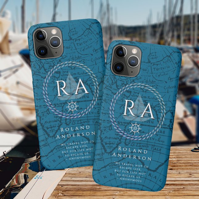 Funda De Case-Mate Para iPhone Mapa de monograma de cuerda náutica azul (Nautical Map Monogram Traveller Blue iPhone Case.)