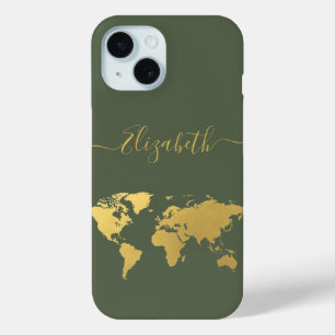 Funda Para iPhone 15 Mapa mundial de viajeros de oro monogramado verde