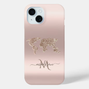 Funda Para iPhone 15 Mapa Mundial de Viajes con Brillo Rosa Dorado Mono