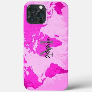 Funda Para iPhone 13 Pro Max Mapa Mundial Monogramas Viajero Rubor Pink Purple