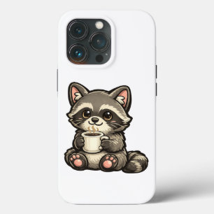 Funda Para iPhone 13 Pro Mapache Adorable con Café – Animal Kawaii Acogedor
