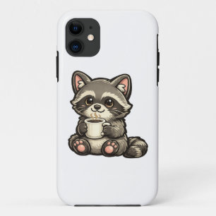 Funda Para iPhone 11 Mapache Lindo con Café – Animal Kawaii Acogedor