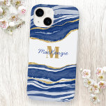 Funda Para iPhone 14 De Case-Mate Marble azul Agate Gold Purpurina Monograma Nombre<br><div class="desc">La acuarela azul índigo agita el diseño de mármol con detalles purpurinas en oro falso. Cambiar el nombre y el monograma Inicial a personalizar.</div>