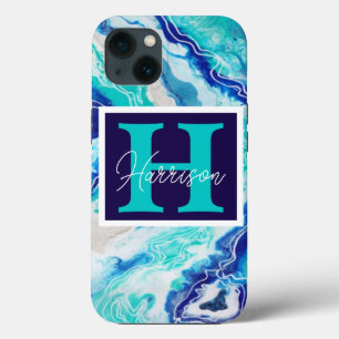 Funda Para iPhone 13 Marble azul y turquesa Monograma Beachis
