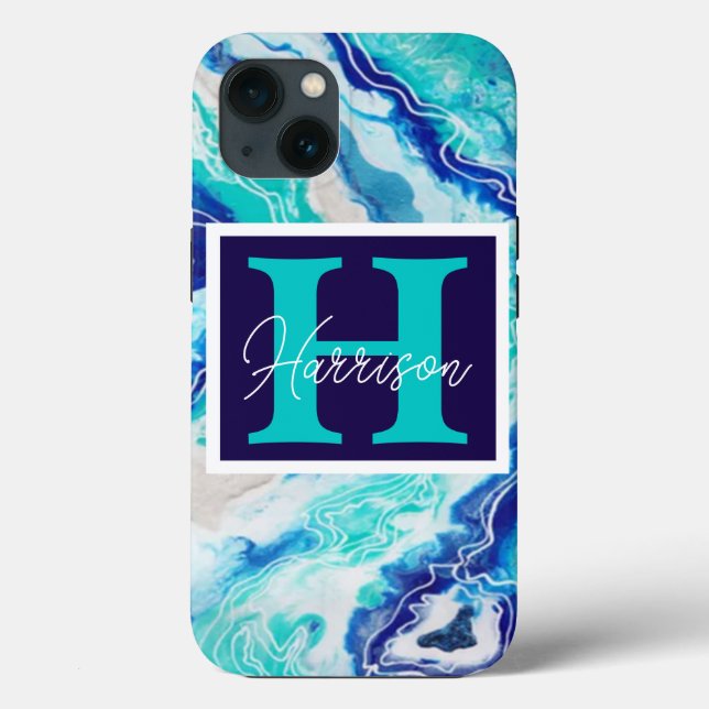 Funda De Case-Mate Para iPhone Marble azul y turquesa Monograma Beachis (Reverso )