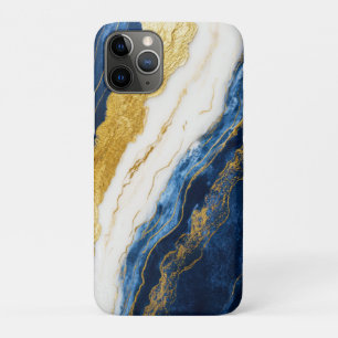 Funda Para iPhone 11 Pro Marble de hojas de oro y azul de la marina de lujo