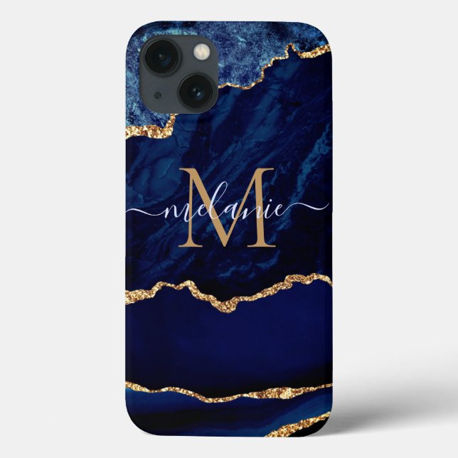 Funda De Case-Mate Para iPhone Marble de oro azul de la marina Su nombre de letra (Reverso)
