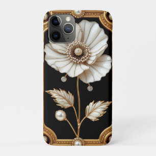 Funda Para iPhone 11 Pro Marco Dorado Con Diseño Floral y Perlas