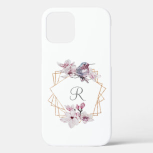 Funda Para iPhone 12 Marco dorado Monograma rosa blanco Magnolias
