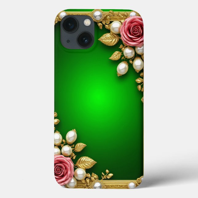 Funda De Case-Mate Para iPhone Marco Verde Con Rosas Y Perlas Elegantes (Reverso)