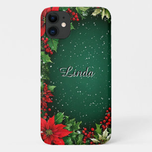 Funda Para iPhone 11 Marco verde festivo con flores de poinsettia