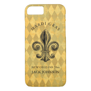 Funda Para iPhone 8/7 Mardi Gras Fleur-de-lis Harlequin Añadir nombre y