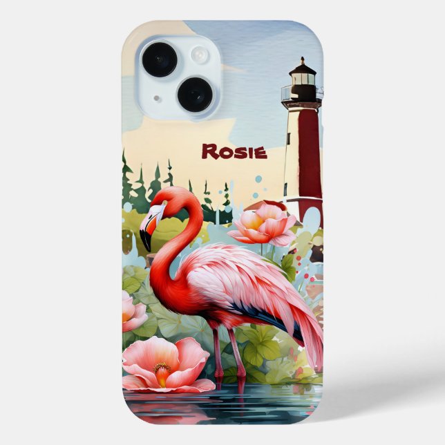 Funda De Case-Mate Para iPhone Marea fina playa rosa flamingo añadir nombre (Reverso )