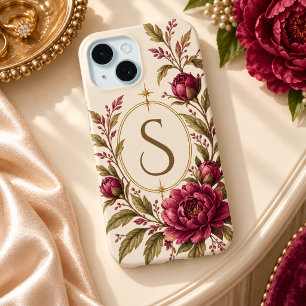 Funda Para iPhone 15 Marfil Burdeos Peonía Monograma Botánico