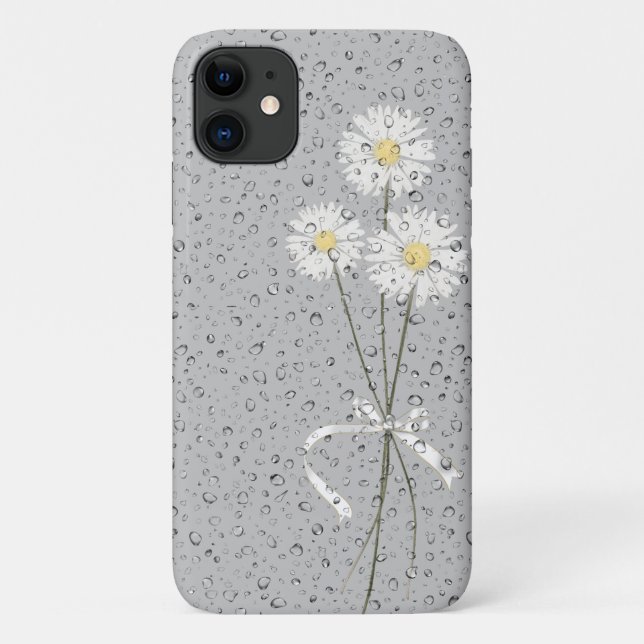 Funda De Case-Mate Para iPhone margaritas blancas con gotas de lluvia sobre gris (Reverso)