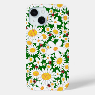Funda Para iPhone 15 Margaritas blancas del verano y mariquitas rojas