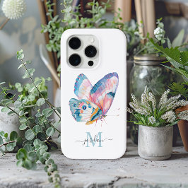Funda Para iPhone 15 Pro Mariposa acuarela cutánea con su monograma