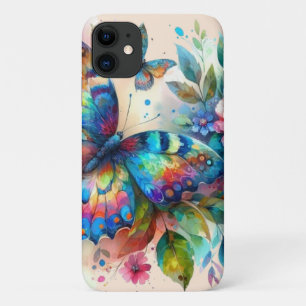 Funda Para iPhone 11 Mariposa acuarela Flores Florales Rosa Azul