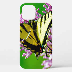 FUNDA PARA iPhone 12 MARIPOSA AMARILLA SOBRE FLORES ROJOS