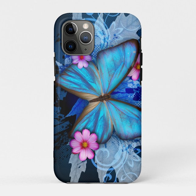 Funda De Case-Mate Para iPhone Mariposa azul (Pretty Blue Butterfly and Pink Flowers iPhone Case)