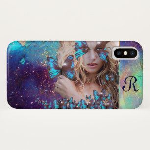 FUNDA PARA iPhone X MARIPOSA AZUL CON CHISPAS VERDES DE ORO