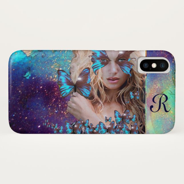 FUNDA DE Case-Mate PARA iPhone MARIPOSA AZUL CON CHISPAS VERDES DE ORO (Reverso (horizontal))