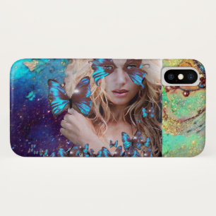 FUNDA PARA iPhone X MARIPOSA AZUL CON DERRAMES DE ORO VERDE