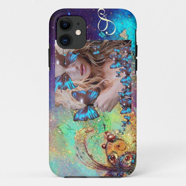 FUNDA DE Case-Mate PARA iPhone MARIPOSA AZUL CON ORO VERDE DERRAME MONOGRAMA (Reverso)