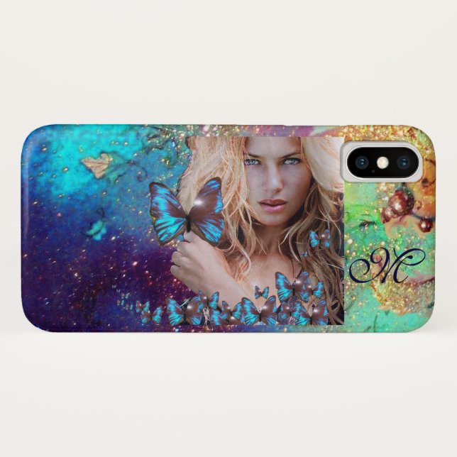 FUNDA DE Case-Mate PARA iPhone MARIPOSA AZUL CON ORO VERDE DERRAME MONOGRAMA (Reverso (horizontal))