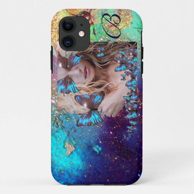 FUNDA DE Case-Mate PARA iPhone MARIPOSA AZUL CON ORO VERDE DERRAME MONOGRAMA (Reverso)