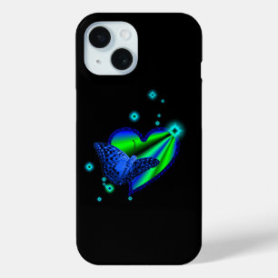 Funda Para iPhone 15 Mariposa azul en el corazón arcoiris con estrellas