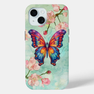 Funda Para iPhone 15 Mariposa Azul Naranja Alas