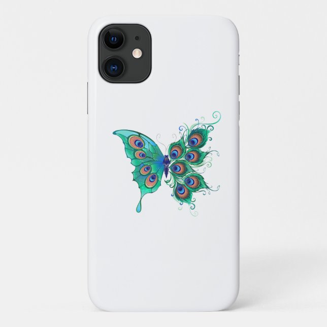 Funda De Case-Mate Para iPhone Mariposa con plumas de pavo real verde (Reverso)