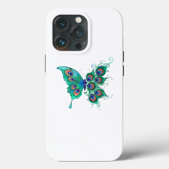 Funda De Case-Mate Para iPhone Mariposa con plumas de pavo real verde (Reverso )