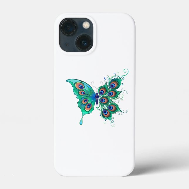Funda De Case-Mate Para iPhone Mariposa con plumas de pavo real verde (Reverso )