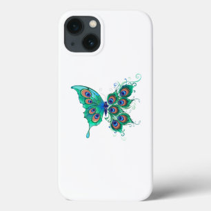 Funda Para iPhone 13 Mariposa con plumas de pavo real verde