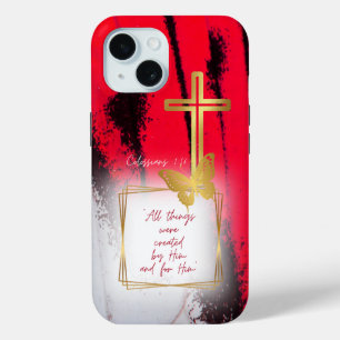 Funda Para iPhone 15 Mariposa Cruz de Oro Negro Rojo y Blanco de Moda 