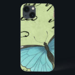 Funda Para iPhone 13 Mariposa de ala azul en postal Verde azulada<br><div class="desc">Esta postal verde azulada lleva un mensaje de belleza. Una delicada mariposa de ala azul descansa sobre la tarjeta,  oscureciendo parte del guión que contiene. Esta impresión de Vision Studio le haría una gran adición a su hogar!</div>