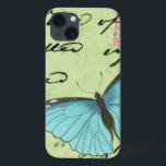 Funda Para iPhone 13 Mariposa de ala azul en postal Verde azulada<br><div class="desc">Esta postal verde azulada lleva un mensaje de belleza. Una delicada mariposa de ala azul descansa sobre la tarjeta,  oscureciendo parte del guión que contiene. Esta impresión de Vision Studio le haría una gran adición a su hogar!</div>