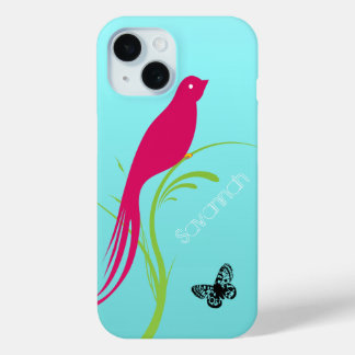 Funda Para iPhone 15 Mariposa de aves rosadas de moda en Aqua
