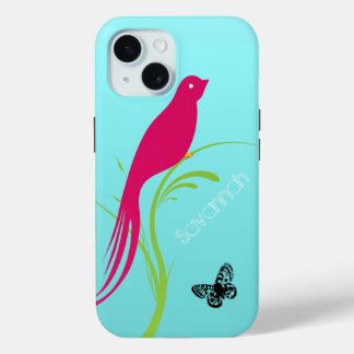 Funda Para iPhone 15 Mariposa de aves rosadas de moda en Aqua