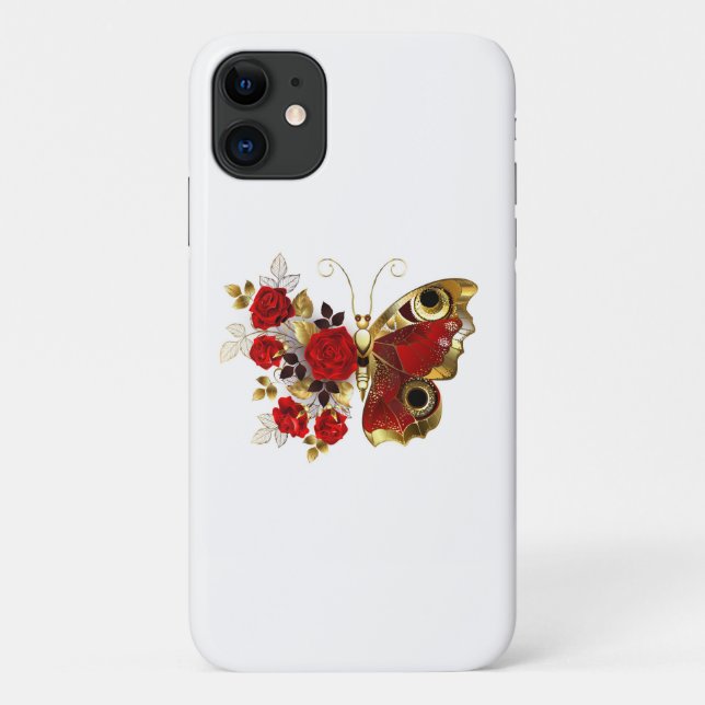 Funda De Case-Mate Para iPhone Mariposa de flor roja con rosas rojas (Reverso)