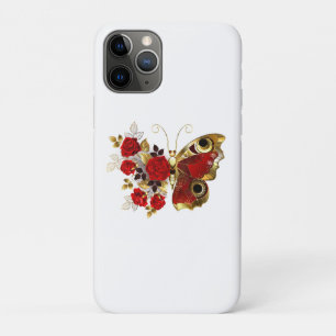 Funda Para iPhone 11 Pro Mariposa de flor roja con rosas rojas