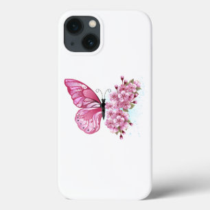 Funda Para iPhone 13 Mariposa de flores con Sakura rosa
