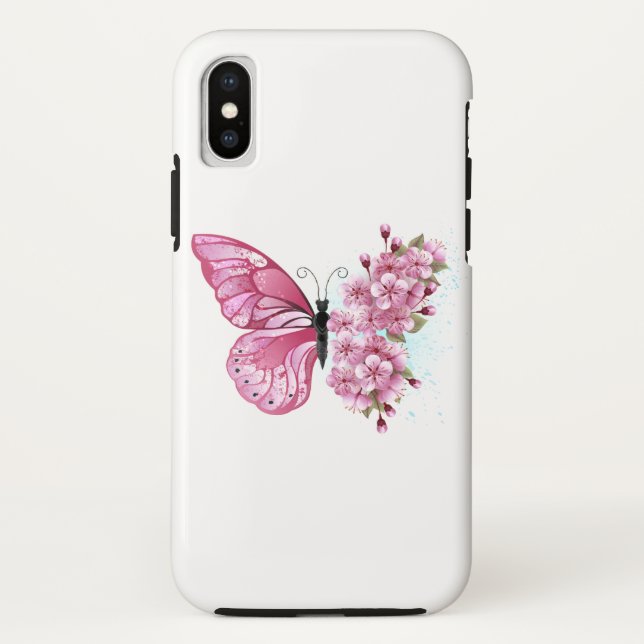 Funda De Case-Mate Para iPhone Mariposa de flores con Sakura rosa (Reverso)